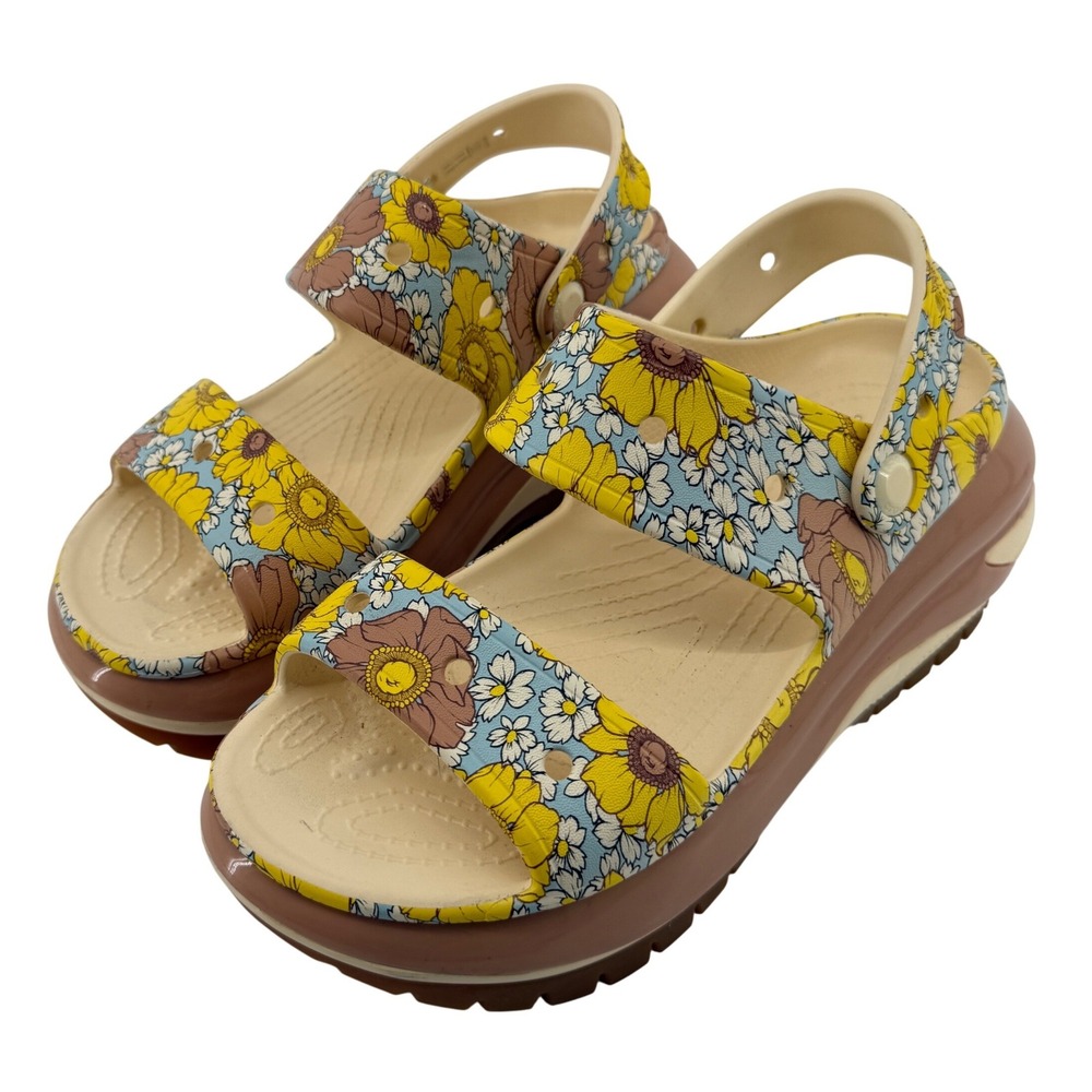 Crocs Classic Mega Crush Retro Floral Sandals Cream Tan Women 7 Platform Chunky